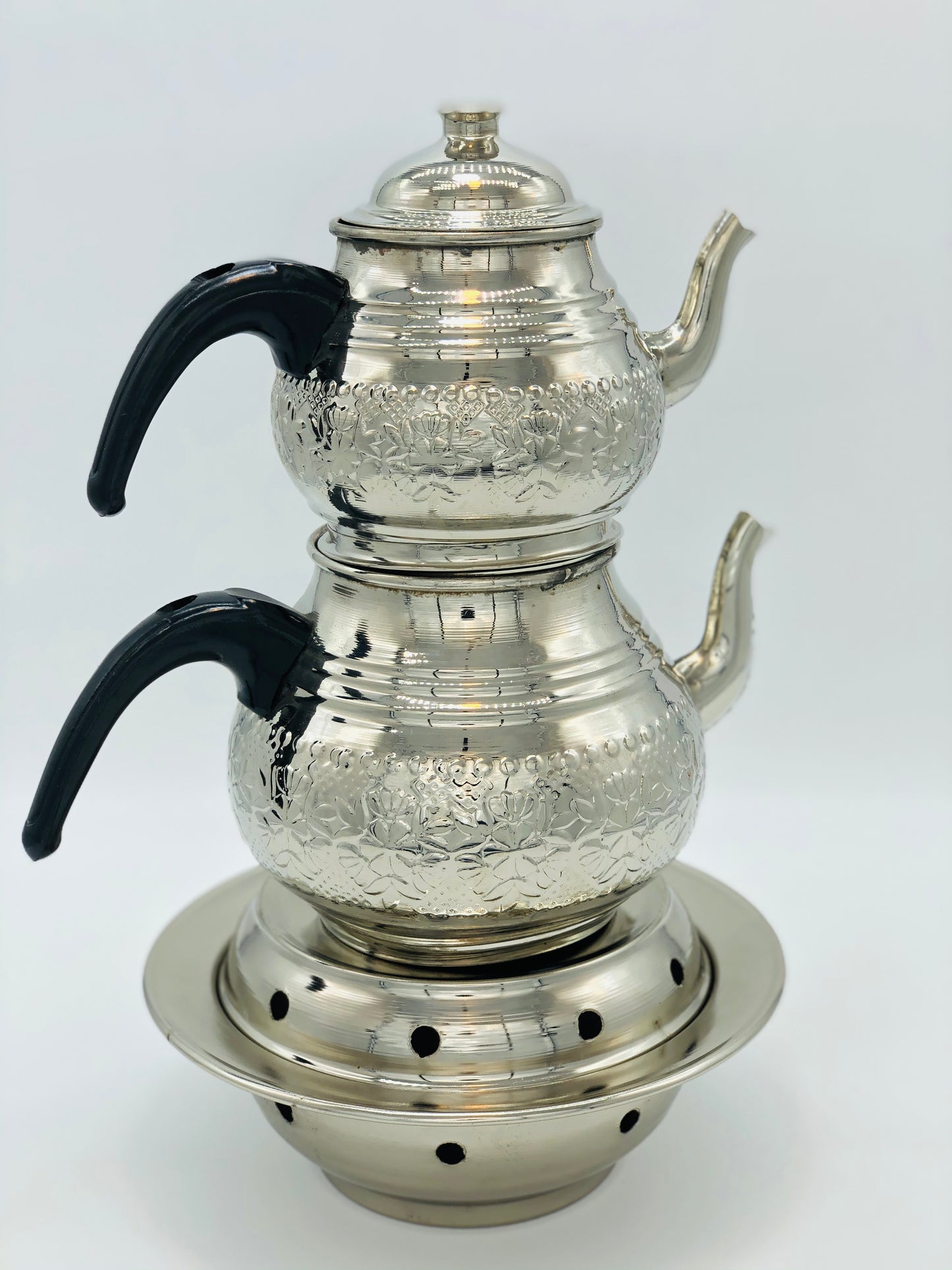 Silver Colored Copper Double Tea Pot with Tea Warmer