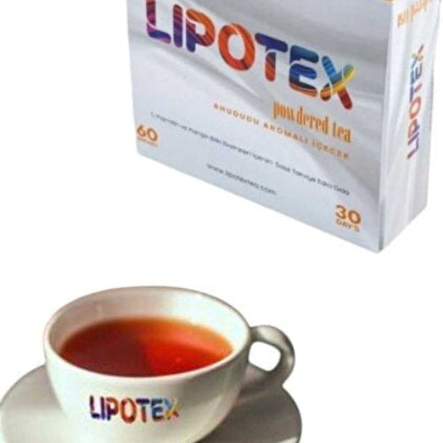 Lipotex powdered tea packaging with a cup of tea on a white background