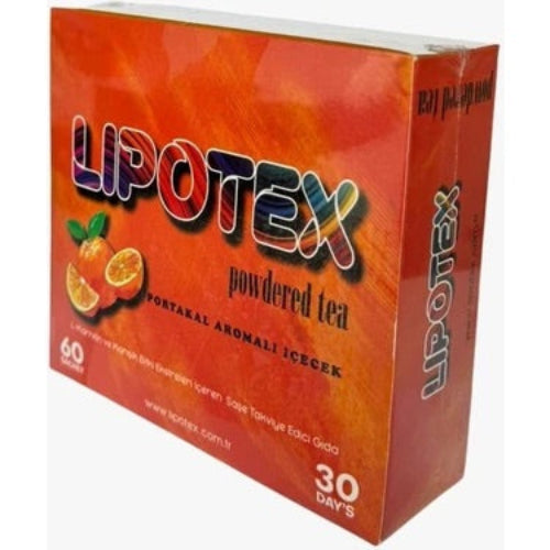 Lipotex powdered tea packaging with orange flavor on a white background