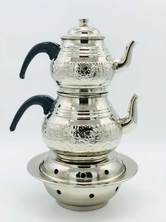 Silver Colored Copper Double Tea Pot with Tea Warmer