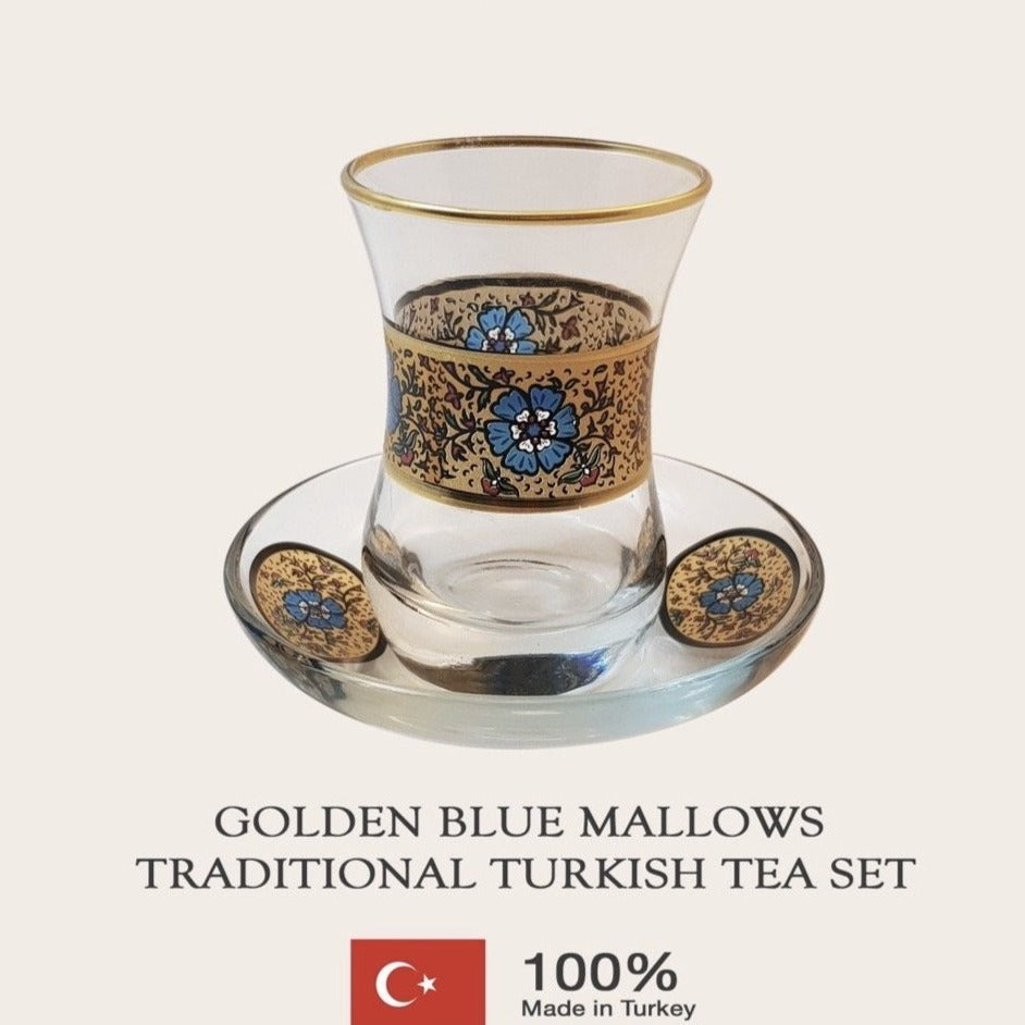 Golden Blue Mallows Traditional Turkish Tea Set