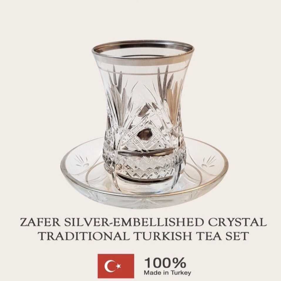 Zafer Silver-Embellished Crystal Traditional Turkish Tea Set
